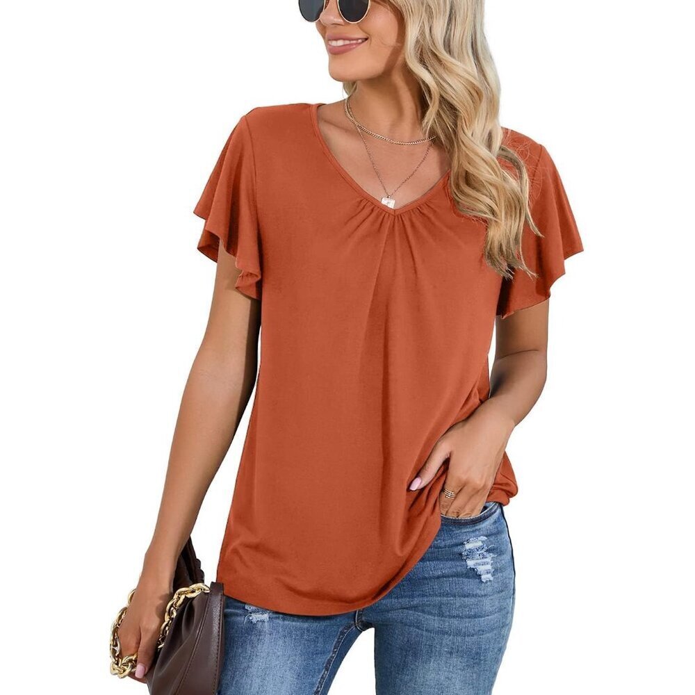 Women's V-Neck Top Ruffle Short Sleeve Pleated Summer Wear Lightweight
